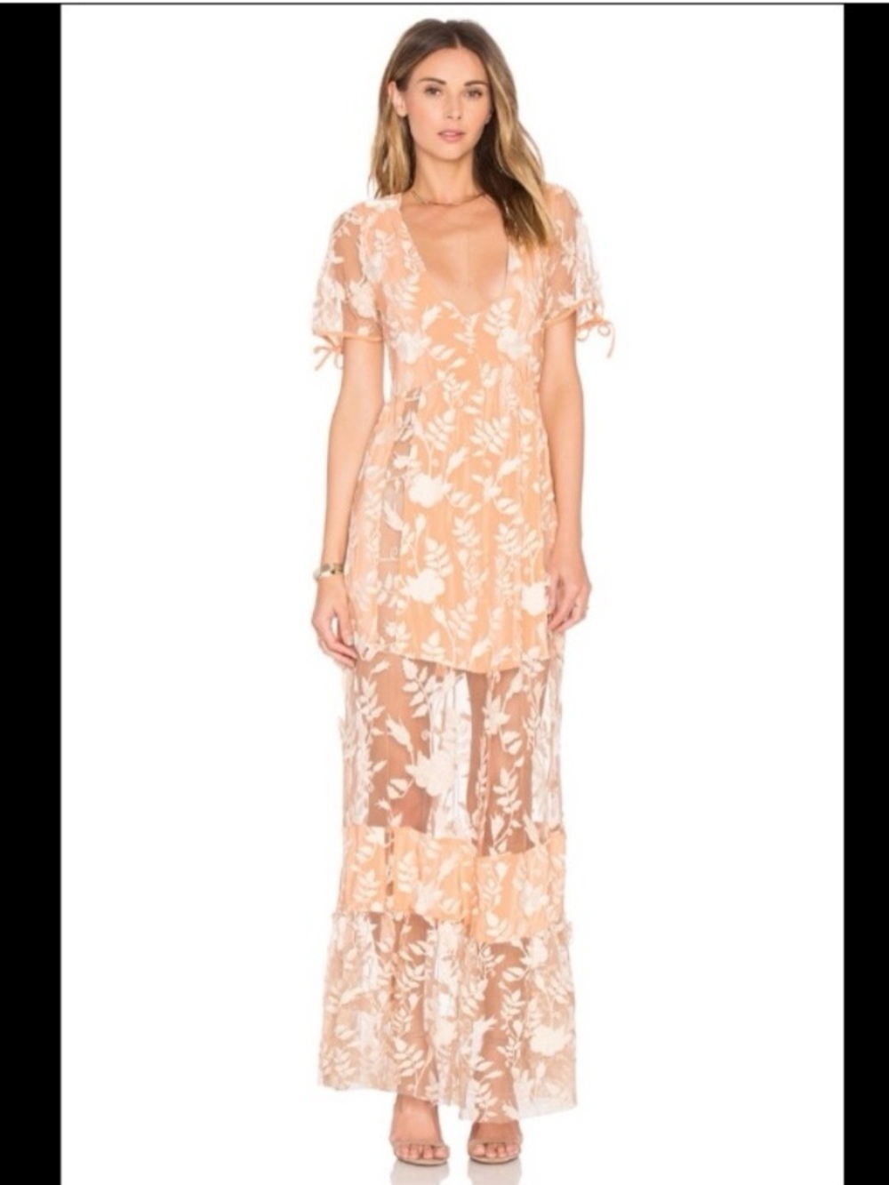 For Love & Lemons Mia Maxi Dress in Peach Floral Sheer Mesh Panels Size Medium - Picture 6 of 12